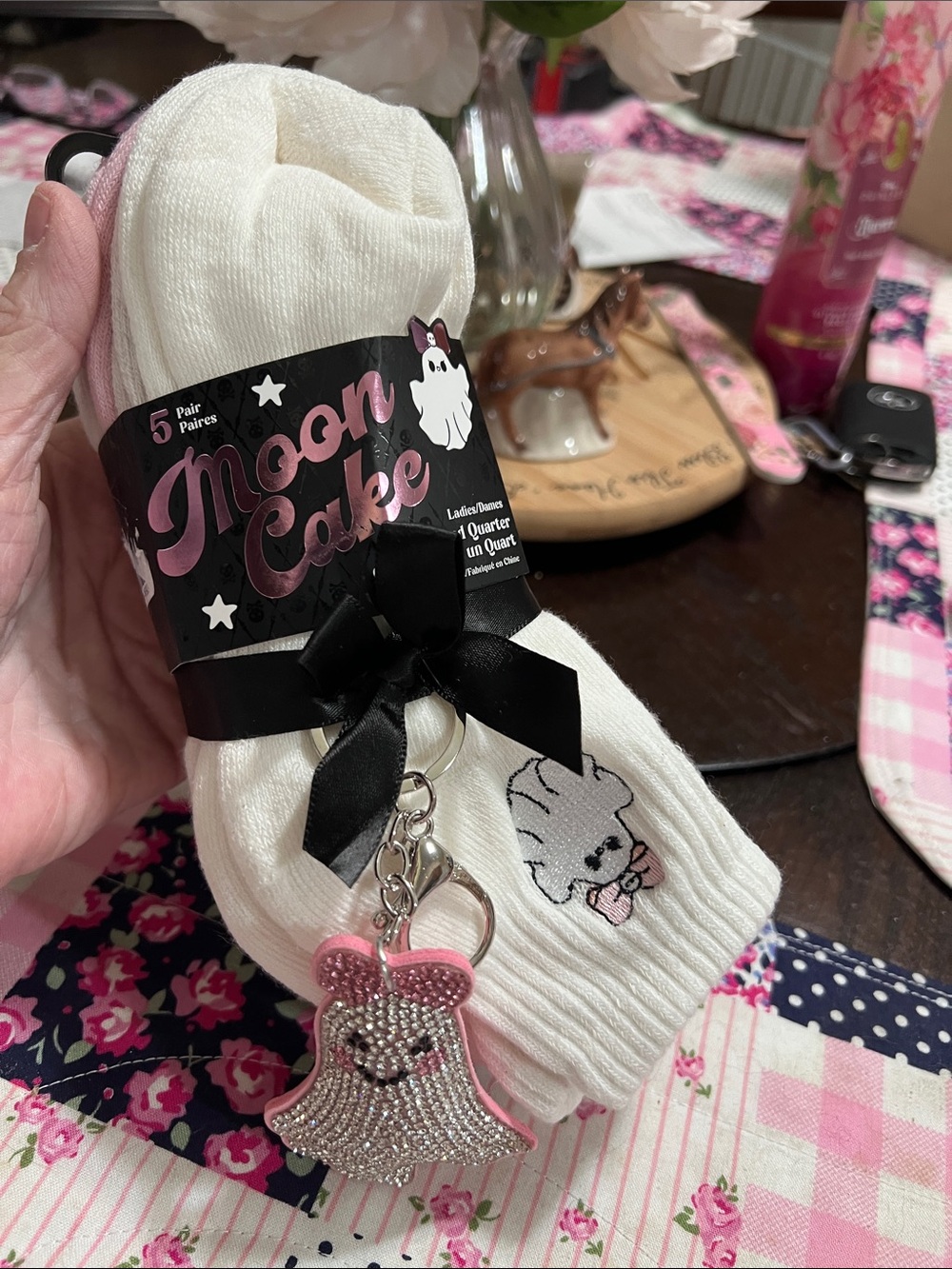 New White Crew Socks with Pink Charm - Cute ghost  Design